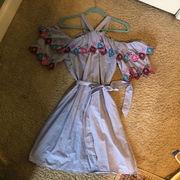 Loft Pinstripe Dress with Colorful Flower Detail - Picture 2 of 3